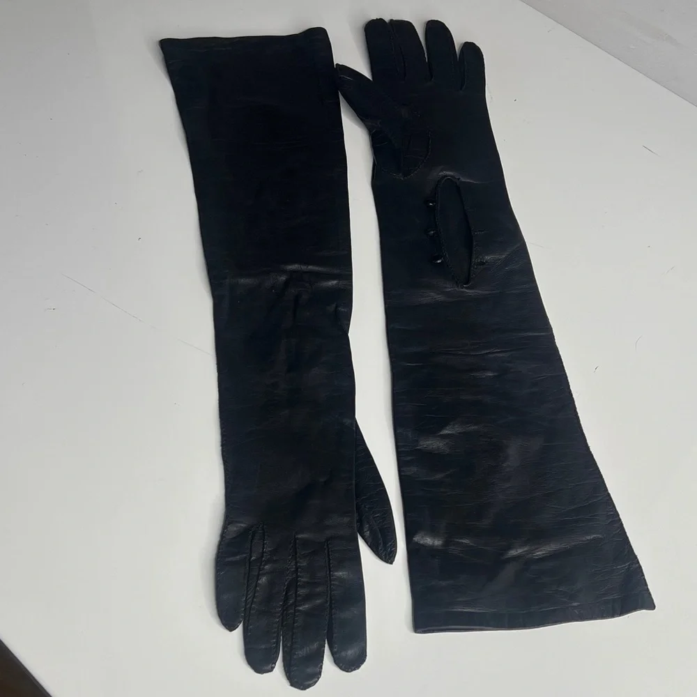 Black 20” Leather Sz 6 Opera Length Gloves Black Crystal Buttons Palm Opening